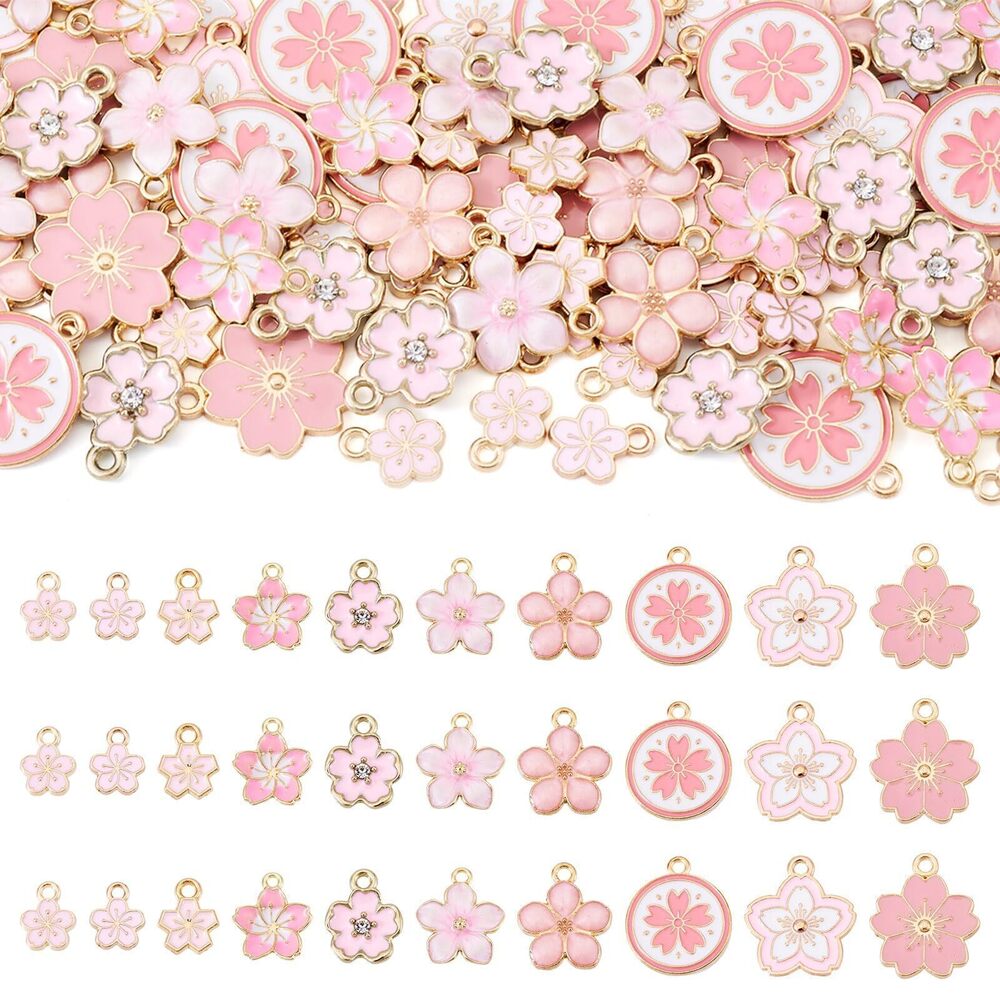 6115 Flower Charms Alloy Enamel Flower Cherry Blossom Dangle Pendants Pink